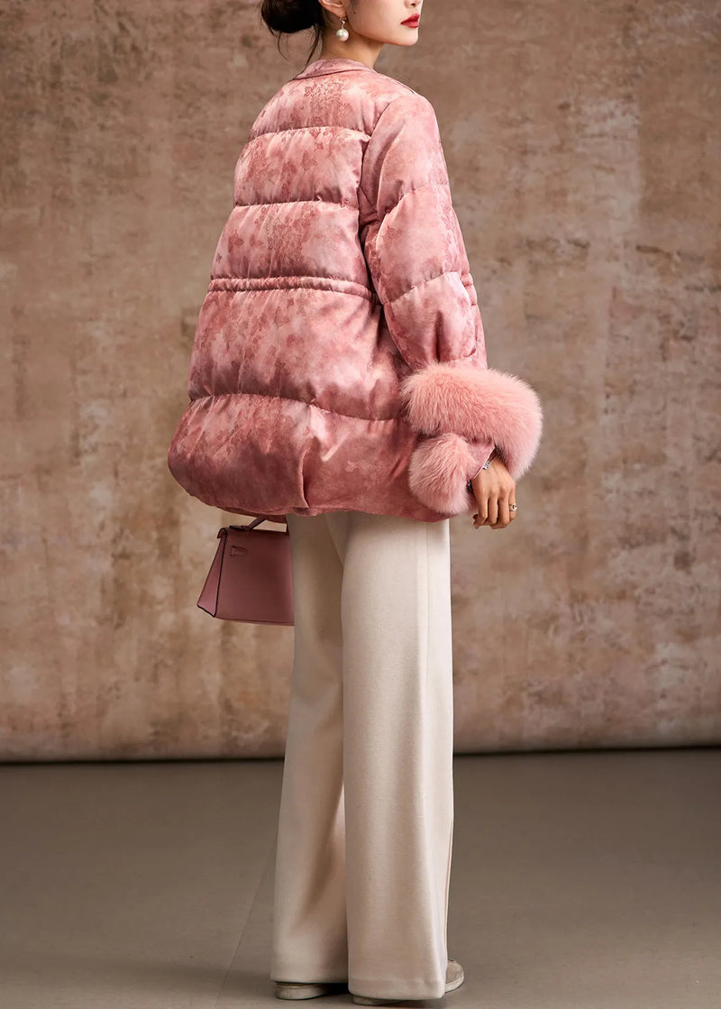 Pink Jacquard Patchwork Fox Hair Duck Down Silk Puffer Coat Winter