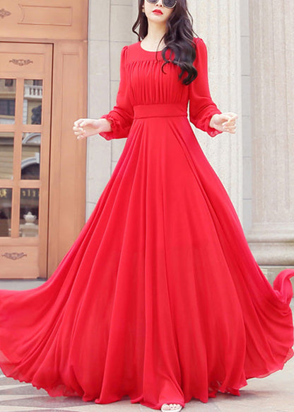 Unique Red O-neck Slim Chiffon Maxi Dress Spring
