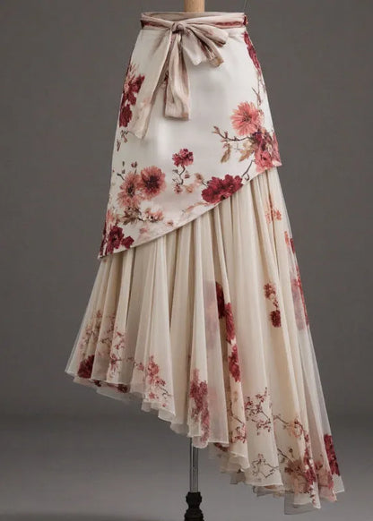 Apricot Patchwork Tie Waist a Line Skirts Summer