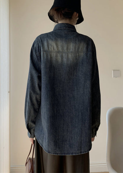 Blue Ruffled Button Denim Shirt Fall