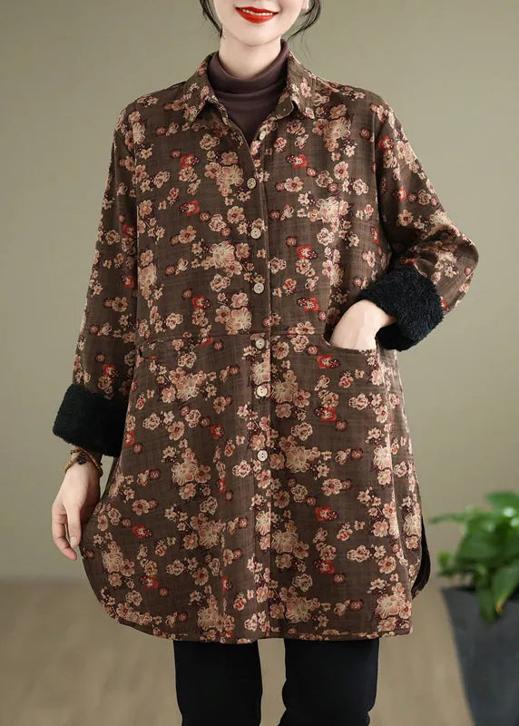 New Coffee Peter Pan Collar Pockets Print Warm Fleece Shirts Coat Spring