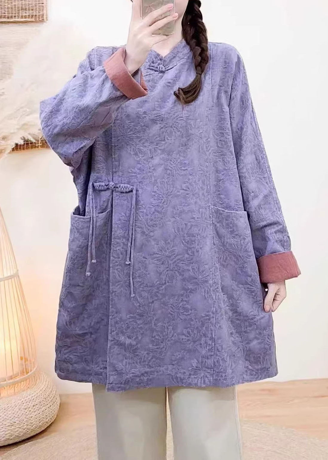 New Yellow Jacquard Pockets Chinese Button Coat Spring
