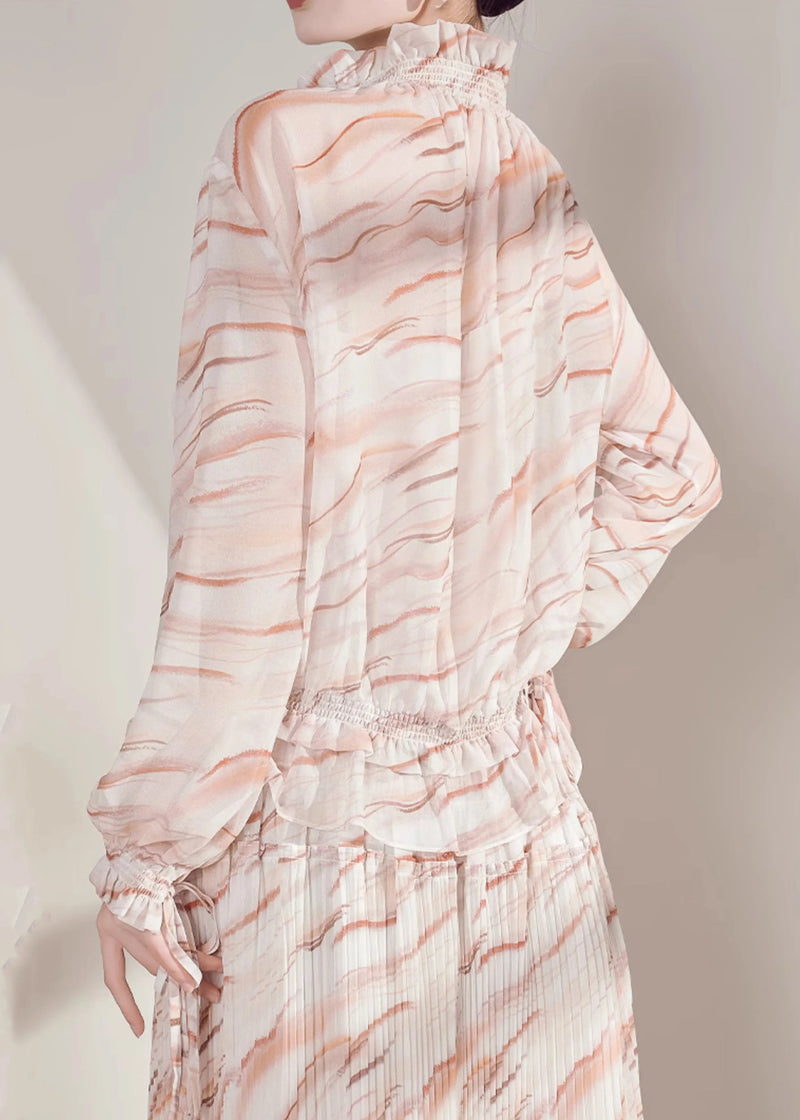 Ruffled Striped Chiffon Shirts and Maxi Skirts Two-piece Set Fall