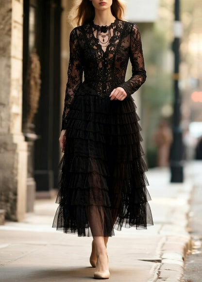 Slim Fit Black Hollow Out Lace Tops and Tulle Skirts Two Pieces Set Spring