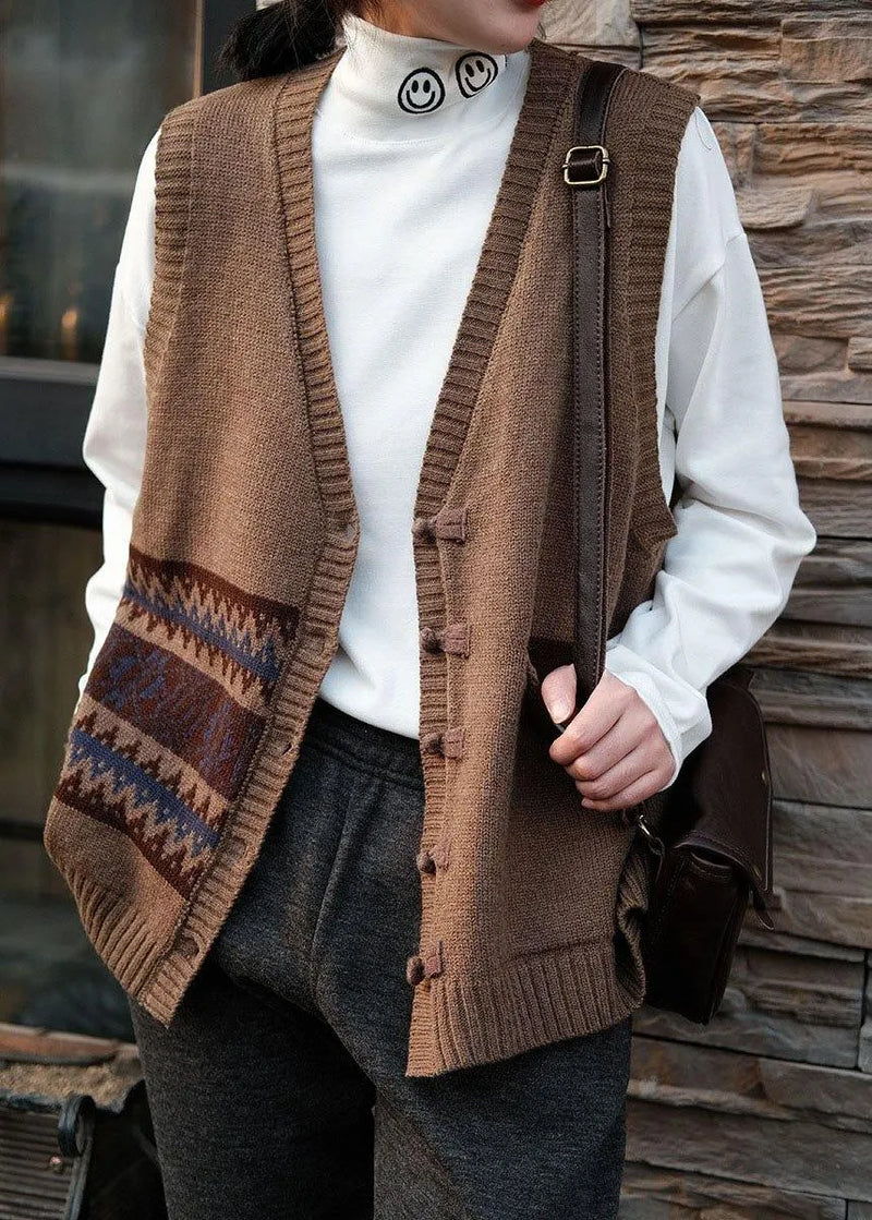 Chocolate V Neck Button Fall Pockets Sleeveless Waistcoat
