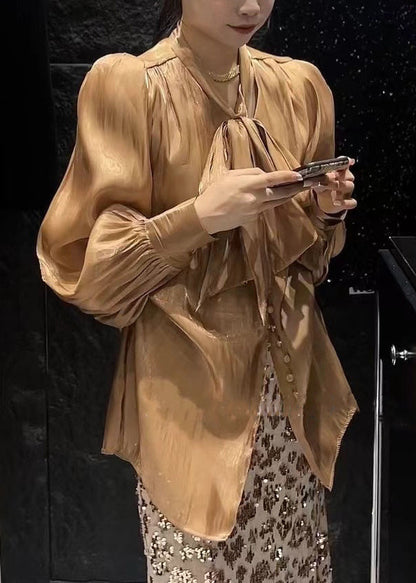 Khaki Button Silk Shirts Long Sleeve