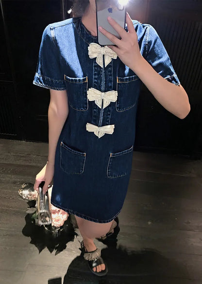 New Blue Bow Zircon Pockets Denim Dresses Summer