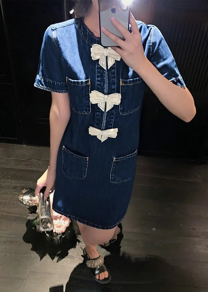 New Blue Bow Zircon Pockets Denim Dresses Summer