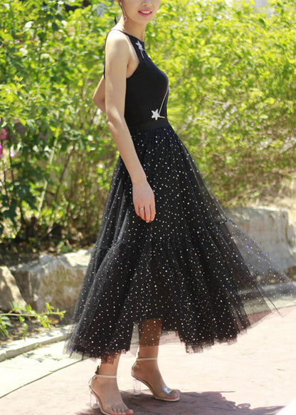 Black Sequins Patchwork Tulle Skirt Spring