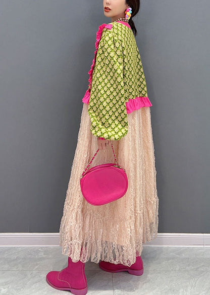 Art Green O-neck Ruffled Patchwork Tulle Maxi Dresses Spring