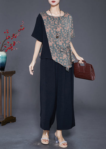 Asymmetrical Patchwork Print Silk Two-piece Set Fall