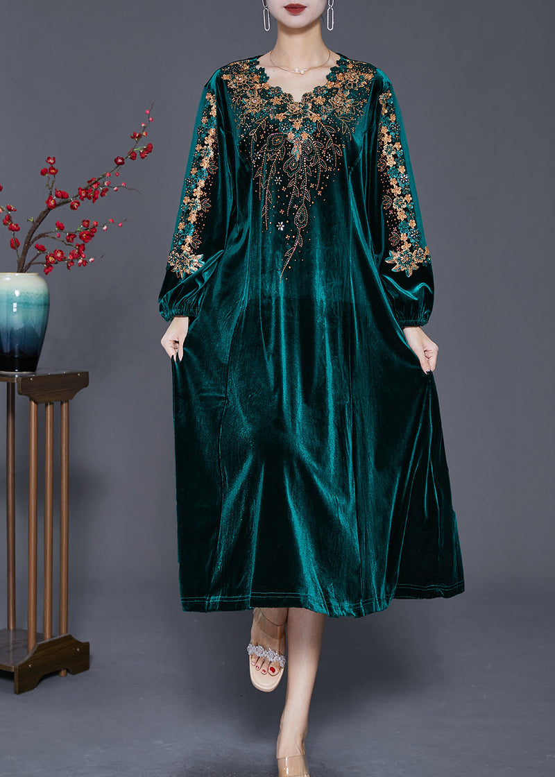 Green Embroideried Hollow Out Silk Velour Dress Fall