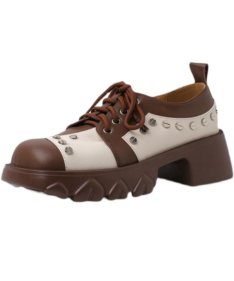 Lace Up Chunky High Heels Brown Cowhide Leather Loafers for