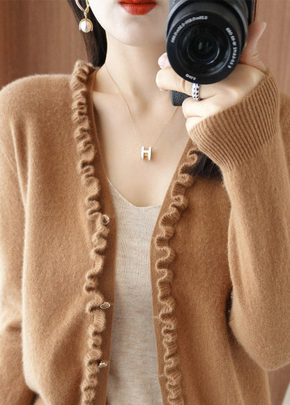 Yellow Camel Colour V Neck Thick Cashmere Knit Cardigans Long Sleeve