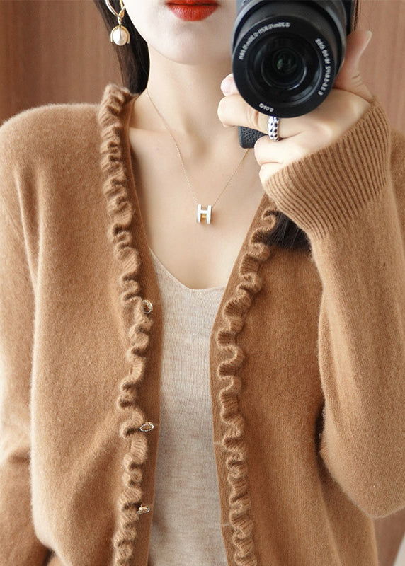 Yellow Camel Colour V Neck Thick Cashmere Knit Cardigans Long Sleeve