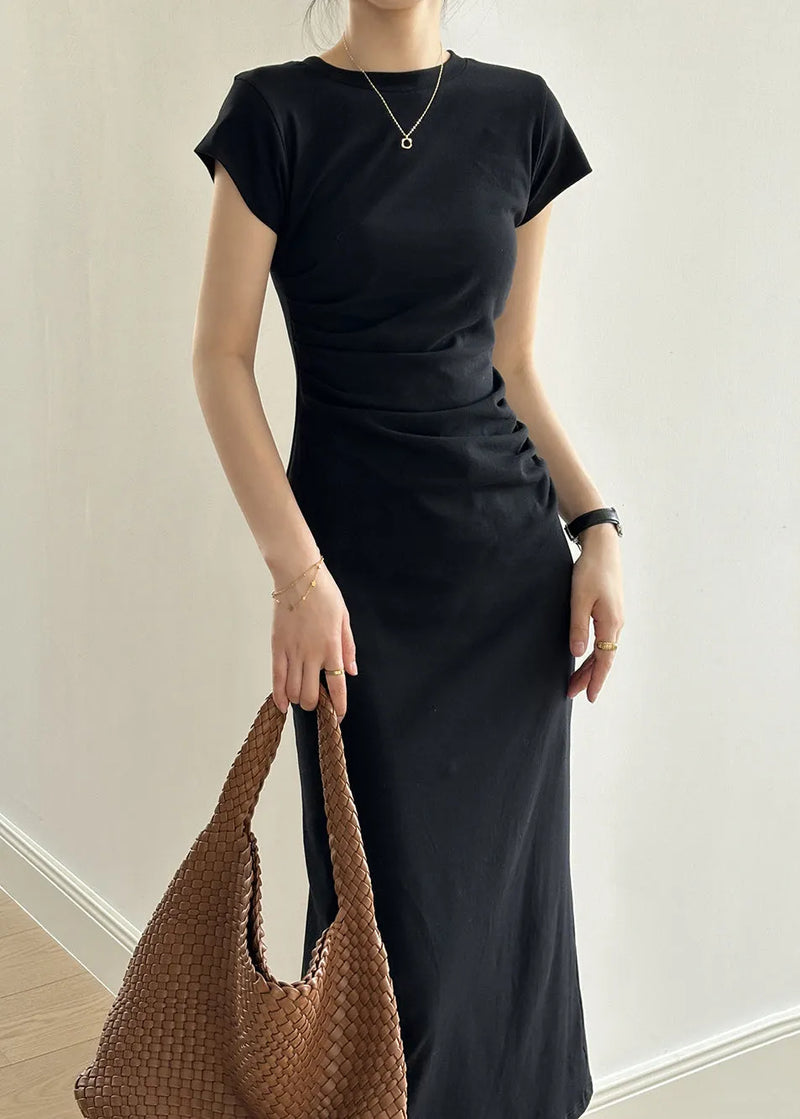 Black High Waist Cotton Dress O-neck Short Sleeve