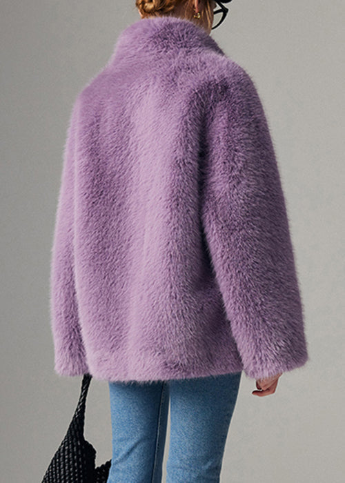 Purple Button Pockets Leather and Fur Winter Coats Stand Collar