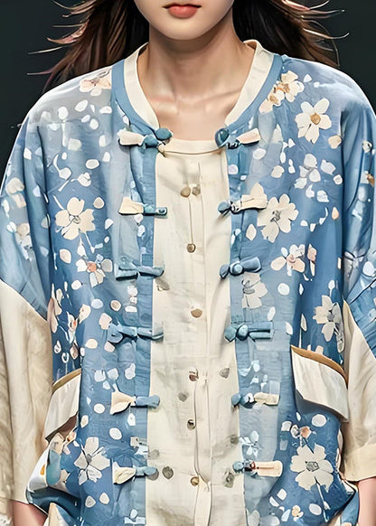 Blue Print Chinese Button Patchwork Cotton Coats Fall