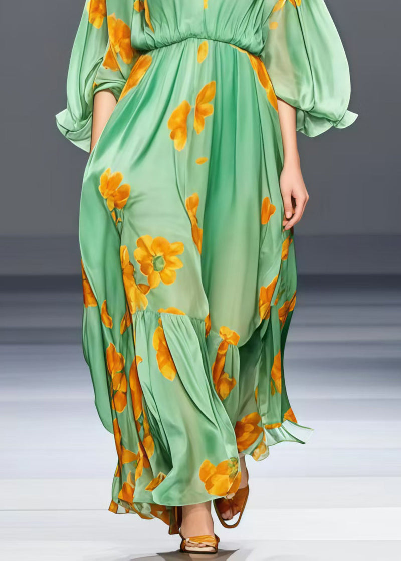 Loose Grass Green V Neck Silk Long Dress Lantern Sleeve