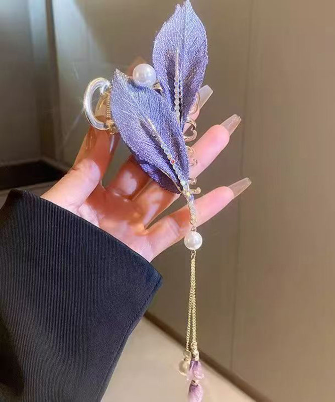Purple Alloy Zircon Pearl Leaf Tassel Hairpin