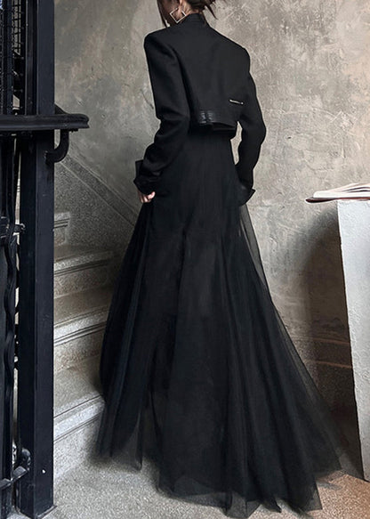 French Black Slash Neck Tulle Holiday Long Slip Dress Sleeveless Summer