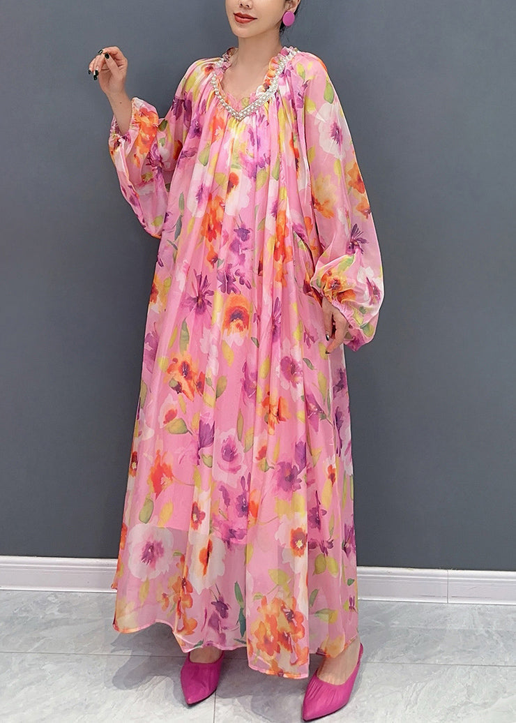 Pink Ruffled Nail Bead Print Chiffon Dresses Long Sleeve