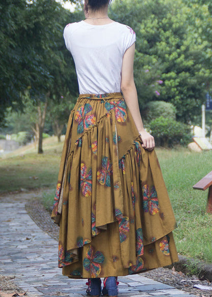 Boutique Yellow Wrinkled Asymmetrical Print Patchwork Linen Skirt Fall