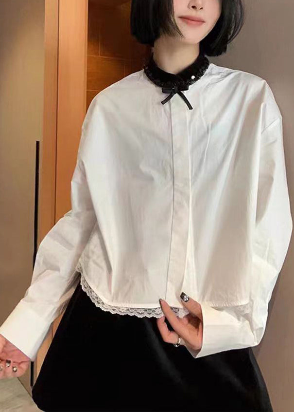 French White Lace Patchwork Cotton Blouse Long Sleeve