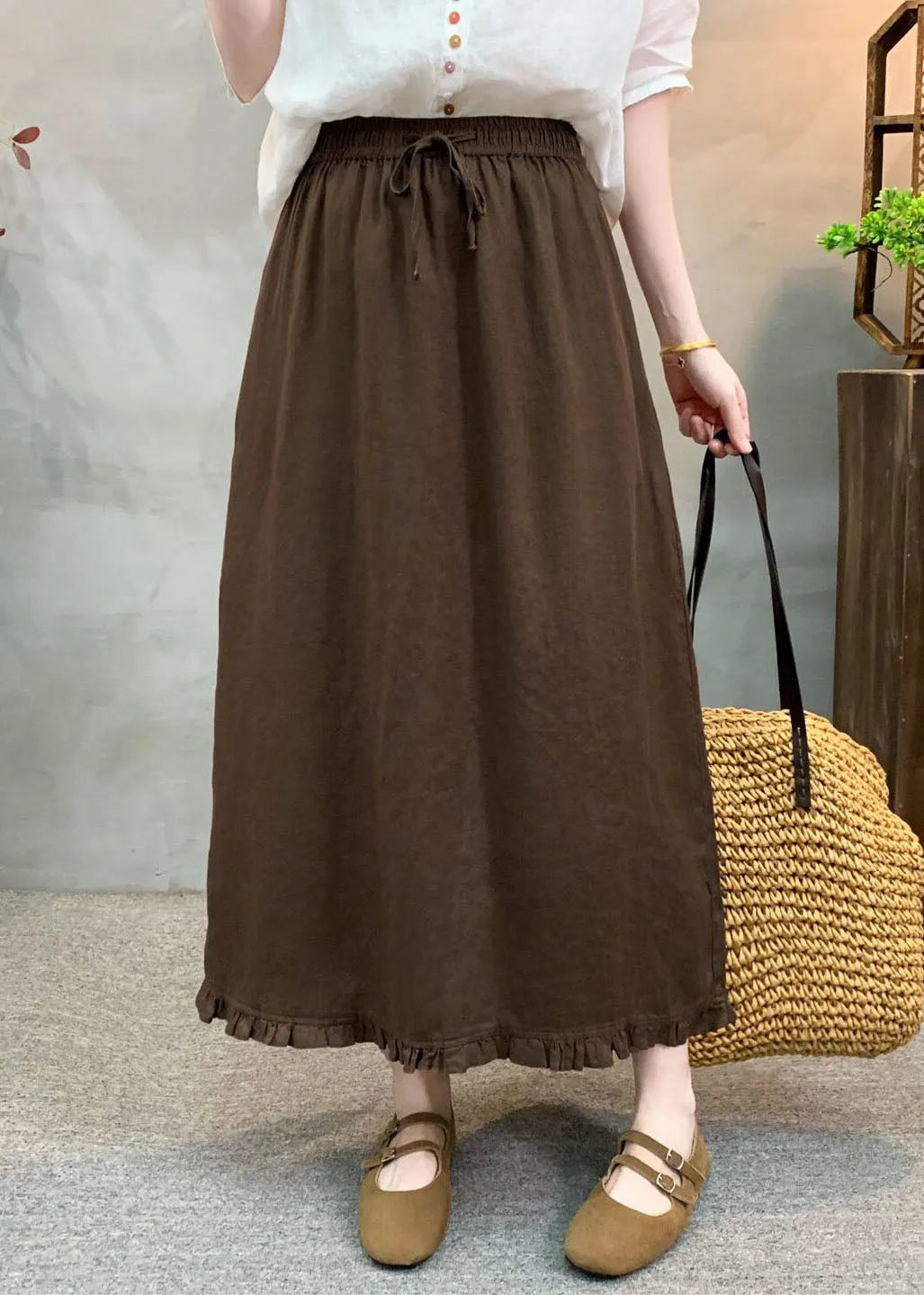 Navy Ruffled Patchwork Elastic Waist Linen Skirt Summer