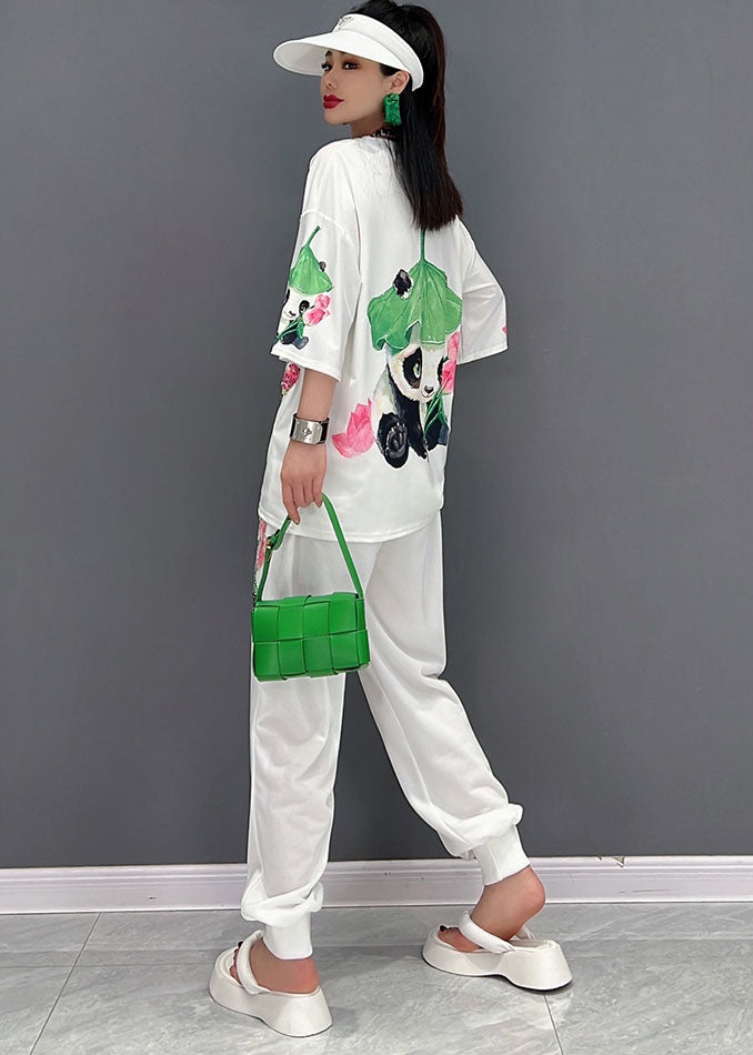 White O-neck Panda Print Cotton Two Piece Set Clothing Summer