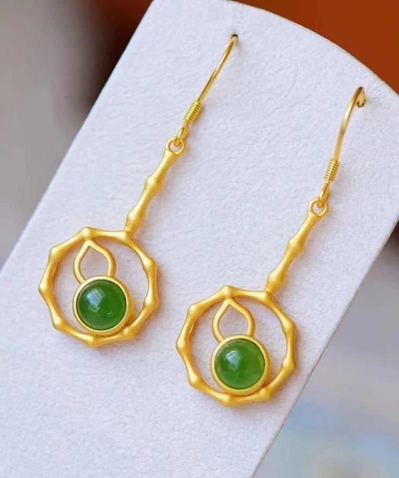 Green Sterling Silver Overgild Jade Gourd Drop Earrings
