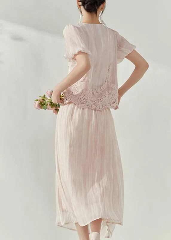 Pink Lace Patchwork Silk Cotton Top and Maxi Skirts Two Pieces Set Puff Sleeve