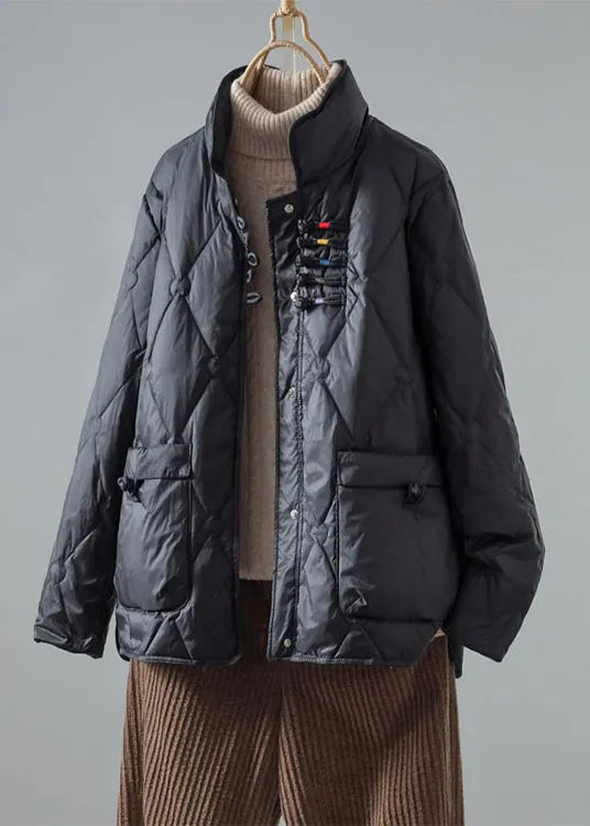 Art Green Stand Collar Chinese Button Pockets Duck Down Puffer Coat Winter