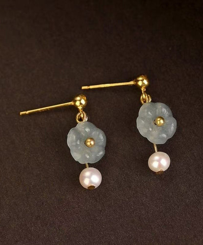 Art Colorblock Sterling Silver Overgild Jade Pearl Drop Earrings