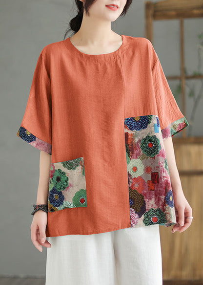 Orange O Neck Print Patchwork Linen T Shirt Top Summer