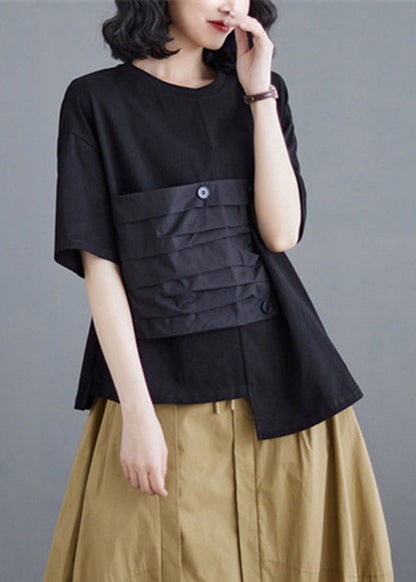 Brief Black Patchwork Cotton T Shirts Summer