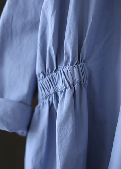 Sky Blue Stand Collar Cinched Shirt Tops Long Sleeve