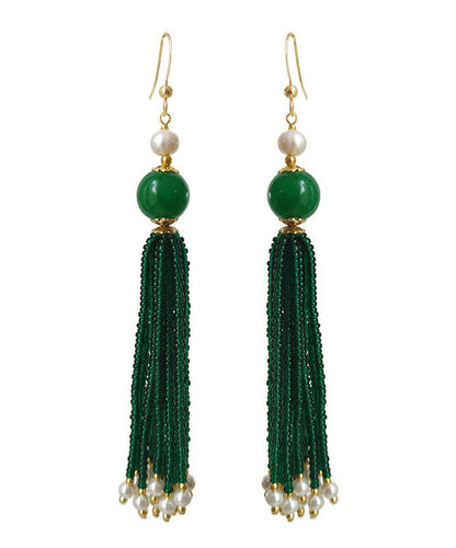 Handmade Blackish Green 14k Gold Pearl Dry Green Glass Beads Drop Earrings