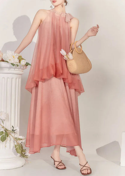 Natural Watery Red Cold Shoulder Tulle Vest and Maxi Skirts Two Pieces Set Sleeveless