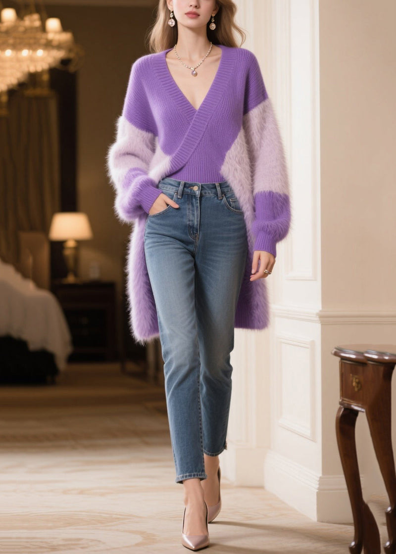 Purple V Neck Patchwork Faux Fur Long Sweater Winter