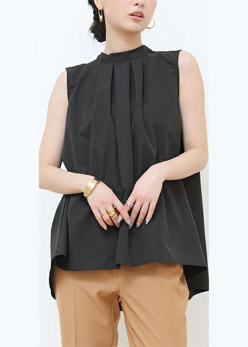 Black Wrinkled Patchwork Bow Cotton Blouses Sleeveless