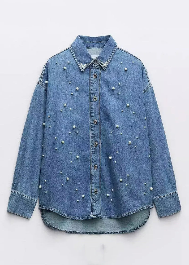 Loose Blue Peter Pan Collar Pearl Denim Shirt Fall