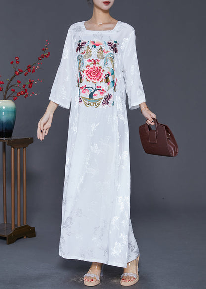 White Square Collar Embroideried Silk Ankle Dress Fall