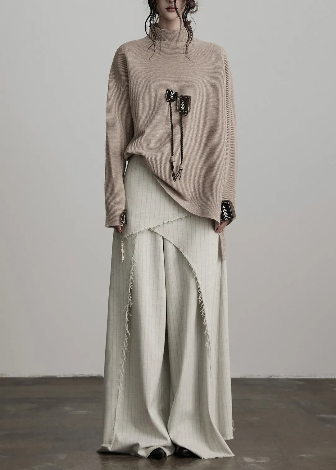 Original Design Apricot Asymmetrical Striped Cotton Pants Skirts Spring