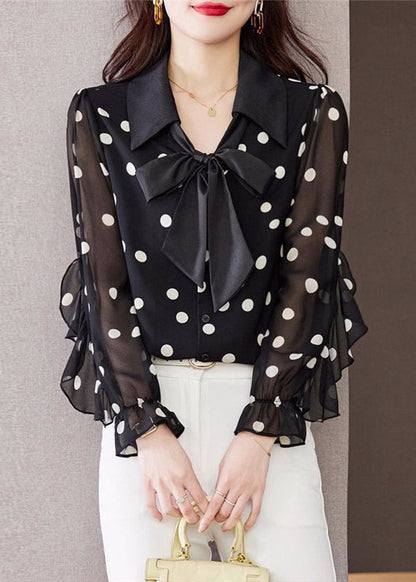 Black Ruffled Dot Print Chiffon Shirts Spring