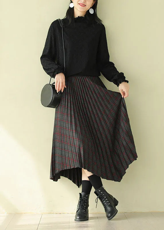 Chocolate Elastic Waist Asymmetrical Design Plaid Cotton Skirt Fall
