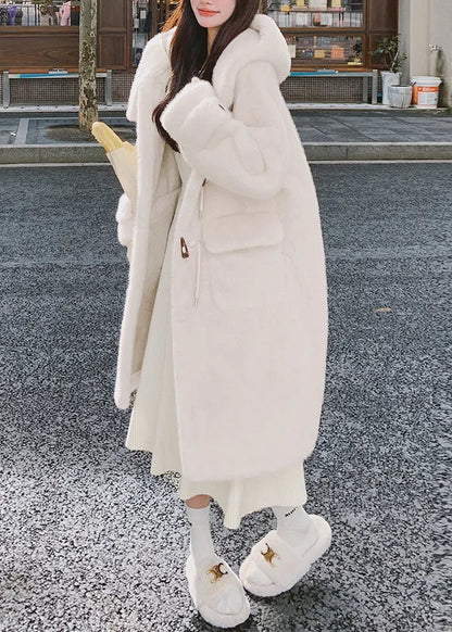 White Hooded Pockets Mink Velvet Coats Spring