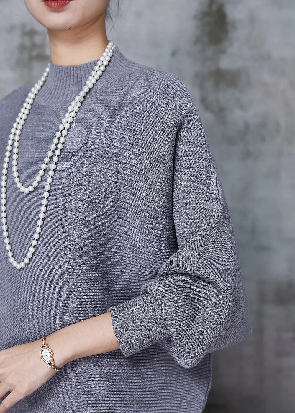 Grey Asymmetrical Design Knit Two Pieces Set Batwing Sleeve Winter
