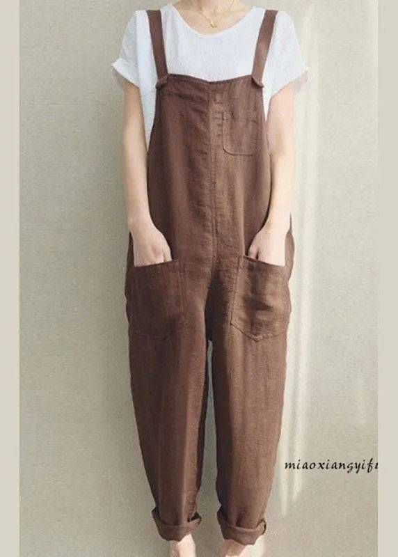 Color Cotton Strappy Pocket Loose Harem Jumpsuit
