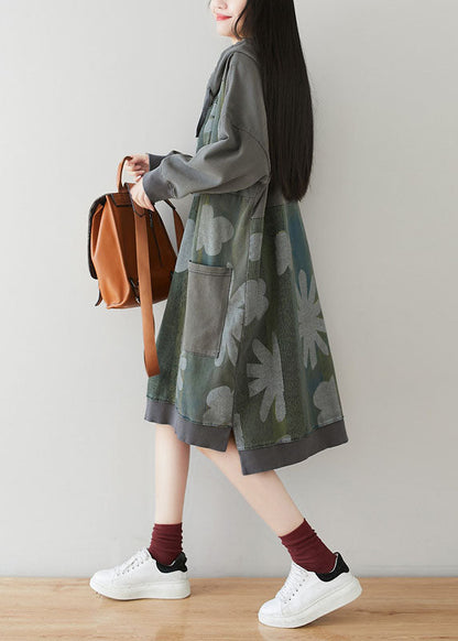 Grey Hooded Patchwork Print Cotton Dress Batwing Sleeve